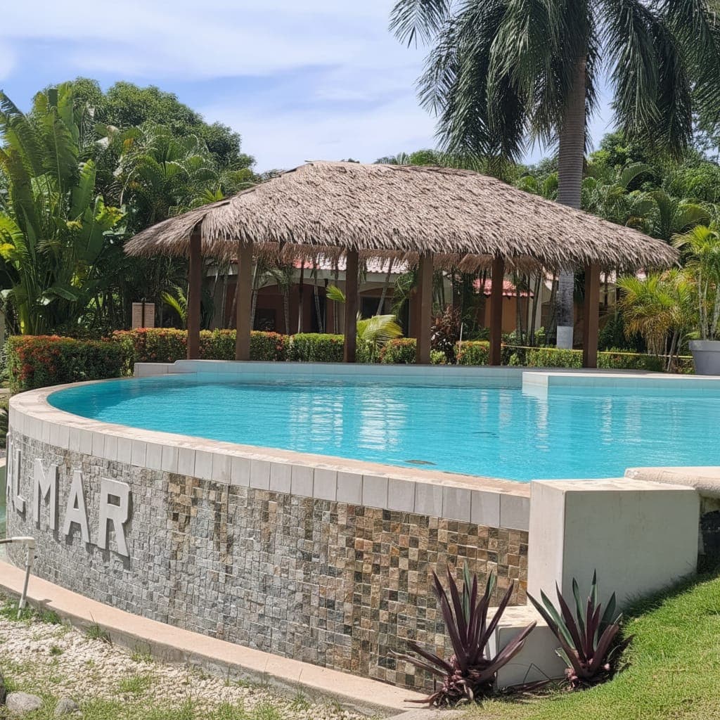 Pool palapa with a continuous ridge