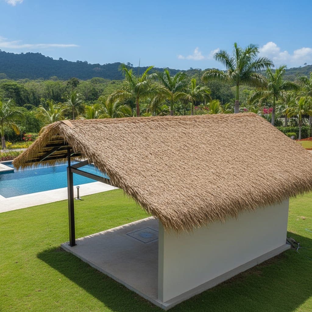 Poolside social area under a synthetic thatch roof